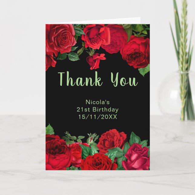 Elegant Red Roses Flowers Birthday Party Thank You Card (Front)