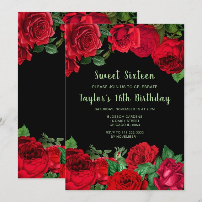 Elegant Red Roses Flowers Sweet Sixteen Invitation (Front/Back)