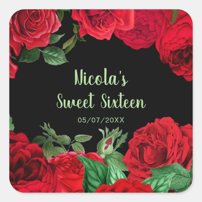 Elegant Red Roses Flowers Sweet Sixteen Square Sticker (Front)