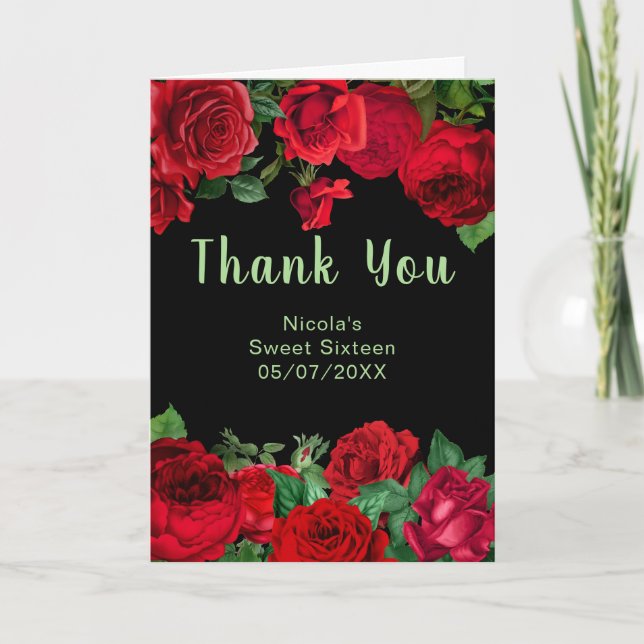Elegant Red Roses Flowers Sweet Sixteen Thank You Card (Front)