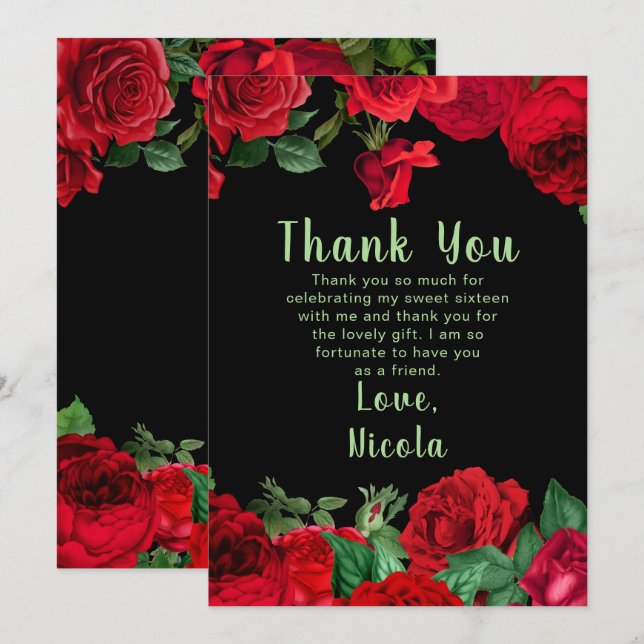 Elegant Red Roses Flowers Sweet Sixteen Thank You Card (Front/Back)