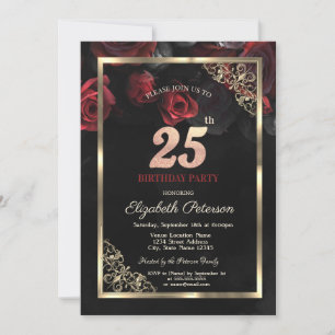 Elegant Red Roses Frame Black 25th Birthday  Invitation