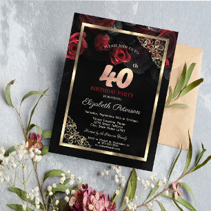 Elegant Red Roses Frame Black 40th Birthday Invitation