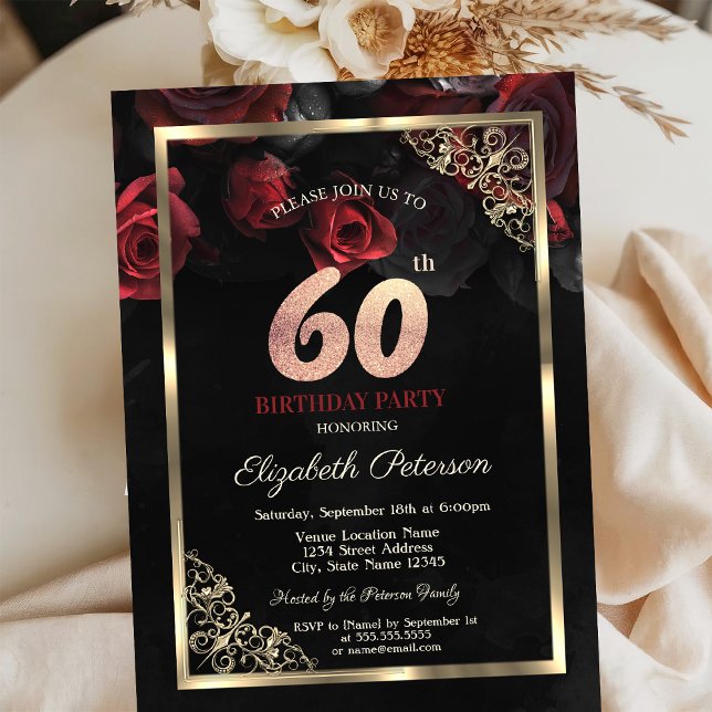 Elegant Red Roses Frame Black 60th Birthday  Invitation (Creator Uploaded)