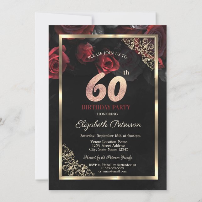 Elegant Red Roses Frame Black 60th Birthday  Invitation (Front)