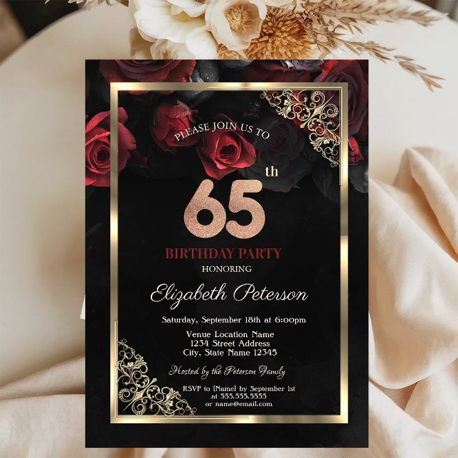 Elegant Red Roses Frame Black 65th Birthday  Invitation (Creator Uploaded)