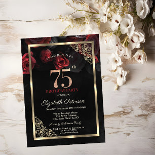 Elegant Red Roses Frame Black 75th Birthday  Invitation