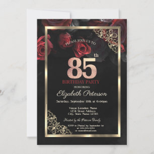 Elegant Red Roses Frame Black 85th Birthday  Invitation