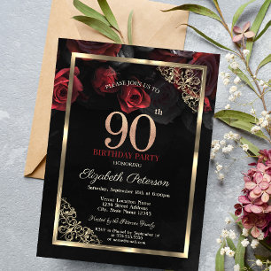 Elegant Red Roses Frame Black 90th Birthday  Invitation