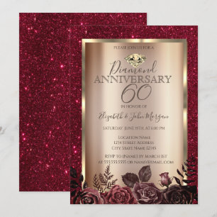Elegant Red Roses Glitter Wedding Anniversary Invitation