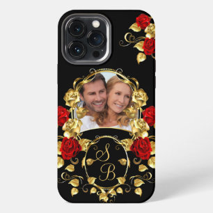 Elegant Red Roses Gold Black Photo Monogram iPhone 13 Pro Max Case