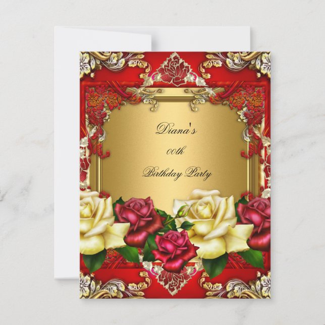 Elegant Red Roses Gold Cream Floral Birthday Party Invitation (Front)