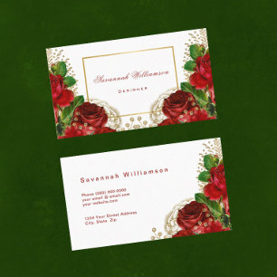 Elegant Red Roses Gold Customisable Business Card