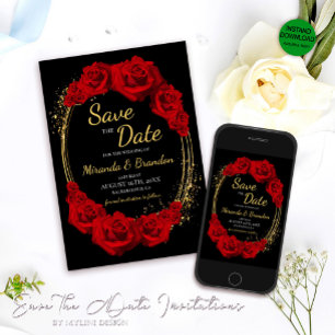 Elegant Red Roses Gold Frame Wedding Save the Date Invitation