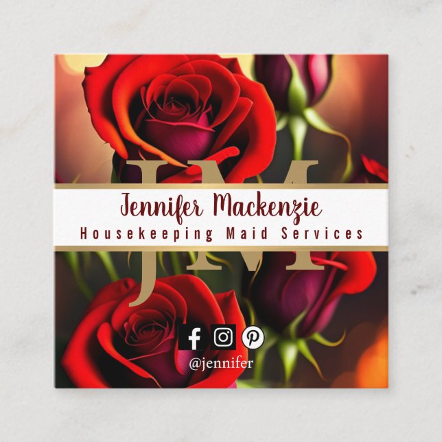 Elegant Red Roses Gold Square Business Card (Front)