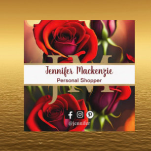 Elegant Red Roses Gold Square Business Card