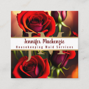 Elegant Red Roses Gold Square Business Card
