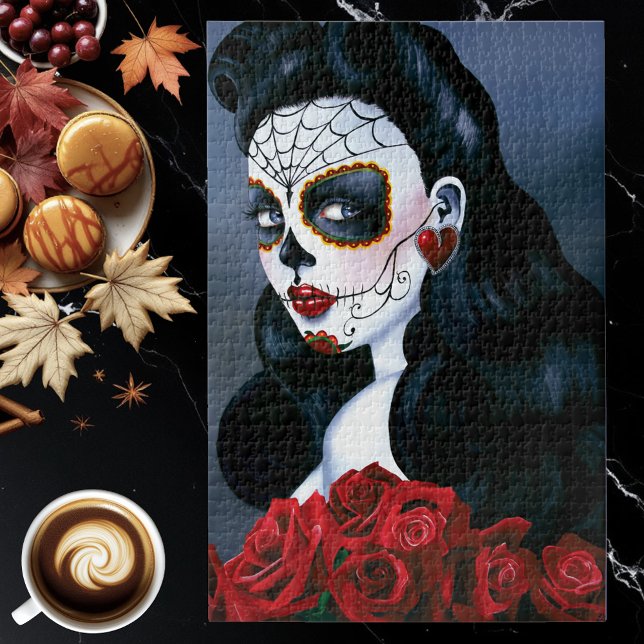 Elegant Red Roses Gothic Sugar Skull Woman Jigsaw Puzzle (Creator Uploaded)