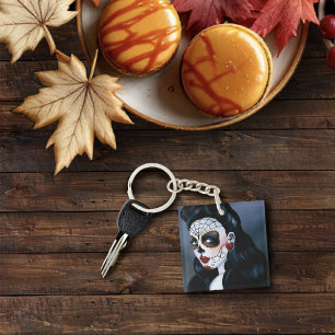 Elegant Red Roses Gothic Sugar Skull Woman Key Ring