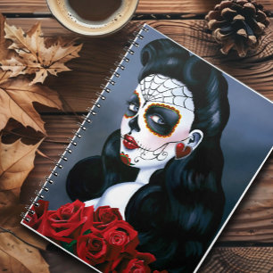 Elegant Red Roses Gothic Sugar Skull Woman Notebook