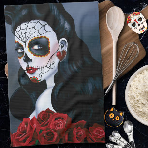 Elegant Red Roses Gothic Sugar Skull Woman Tea Towel