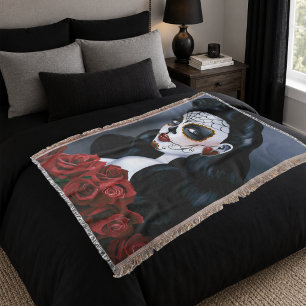 Elegant Red Roses Gothic Sugar Skull Woman Throw Blanket