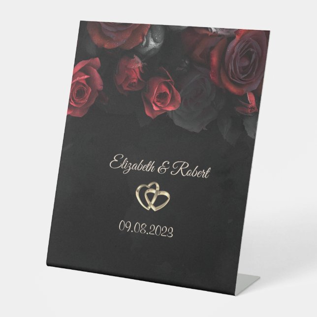 Elegant Red Roses Gothic Wedding Pedestal Sign (Front)