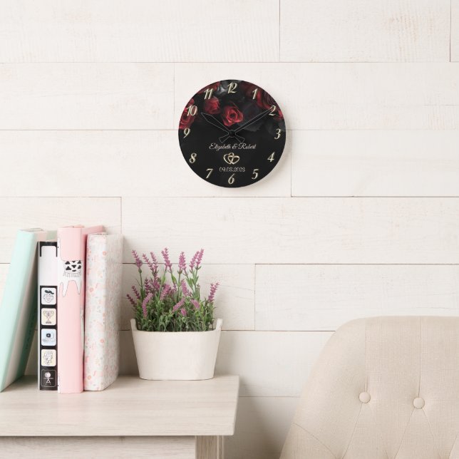 Elegant Red Roses Gothic Wedding Round Clock (Reading Room)
