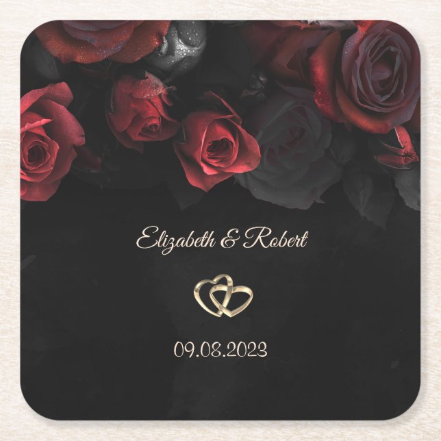 Elegant Red Roses Gothic Wedding Square Paper Coaster (Front)