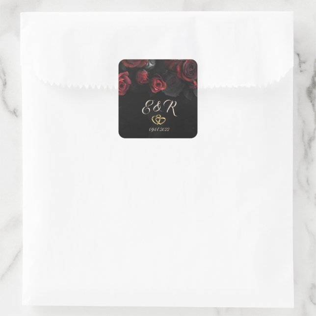 Elegant Red Roses Gothic Wedding Square Sticker (Bag)