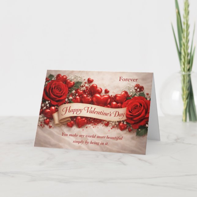 Elegant Red Roses & Hearts Valentine’s Day Card (Front)