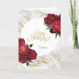 Elegant Red Roses Marble Personalised Birthday Card