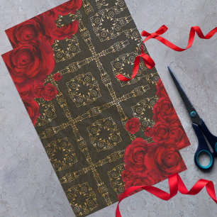 Elegant Red Roses On Black And Gold Damask Pattern Tissue Paper