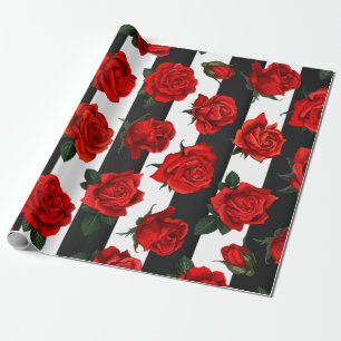  Elegant Red Roses on Black & White Stripes Wrapping Paper
