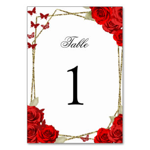 Elegant Red Roses Quinceanera Table Number
