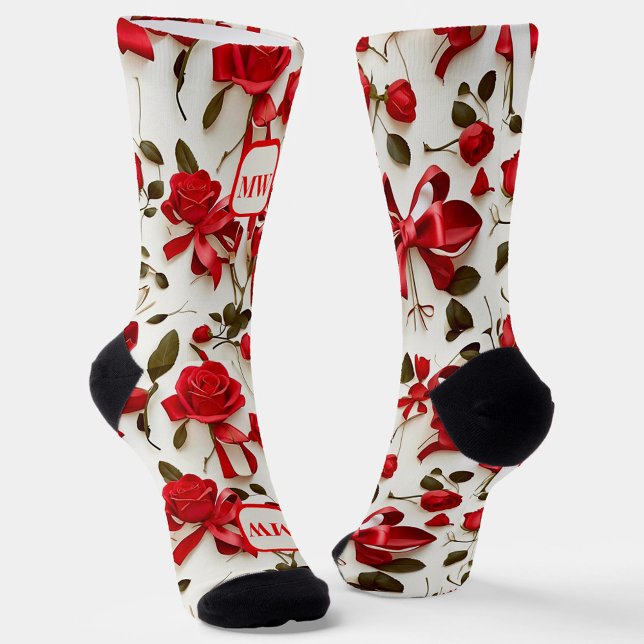 Elegant red roses ribbons bows monogram socks (Creator Uploaded)