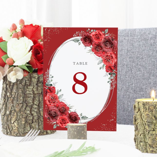 Elegant Red Roses Silver Floral Wedding Table Number (Creator Uploaded)