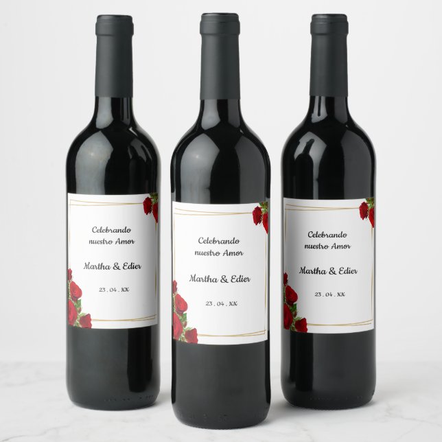 Elegant Red Roses Spanish Wedding Wine Label (Bottles)