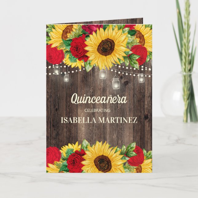 Elegant Red Roses Sunflowers Quinceañera  Card (Front)