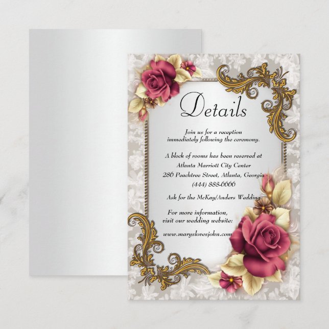 Elegant Red Roses Wedding Details Enclosure Card (Front/Back)