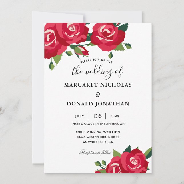Elegant Red Roses Wedding Invitation (Front)