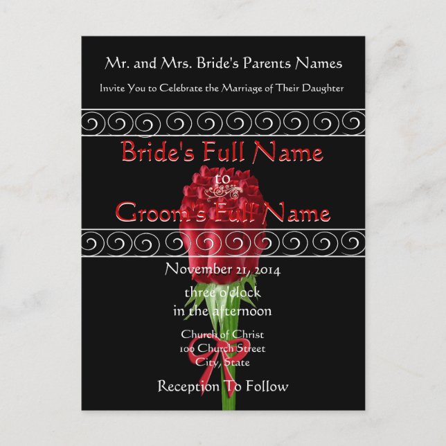 Elegant Red Roses Wedding Invitation Postcard (Front)