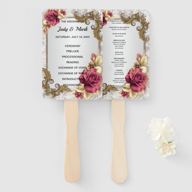Elegant Red Roses Wedding Program Fans (Front and Back)