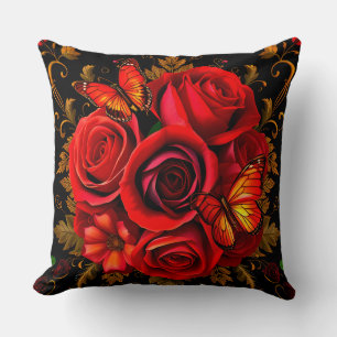 Elegant Red Roses with Butterflies Cushion