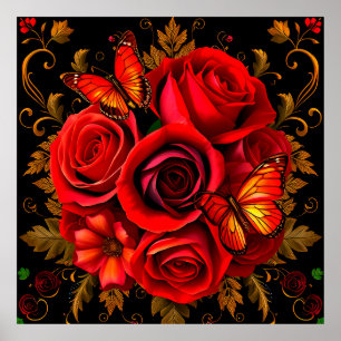 Elegant Red Roses with Butterflies Poster