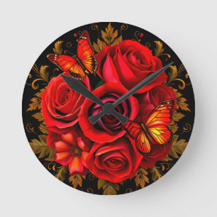 Elegant Red Roses with Butterflies Round Clock