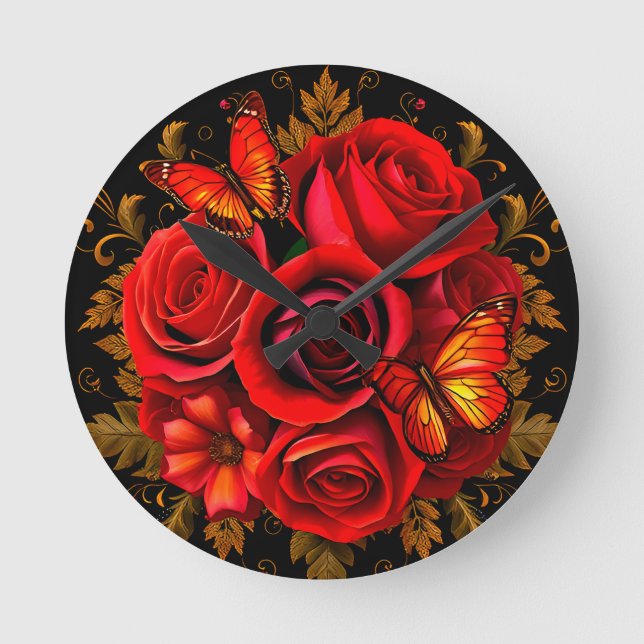 Elegant Red Roses with Butterflies Round Clock (Front)