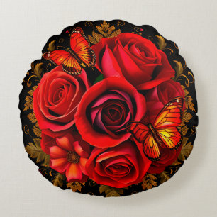 Elegant Red Roses with Butterflies Round Cushion