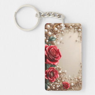 Elegant Red Roses With Golden Ornaments Key Ring