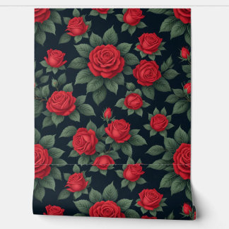 Elegant Red Roses with Lush Green Leaves on Black Wallpaper